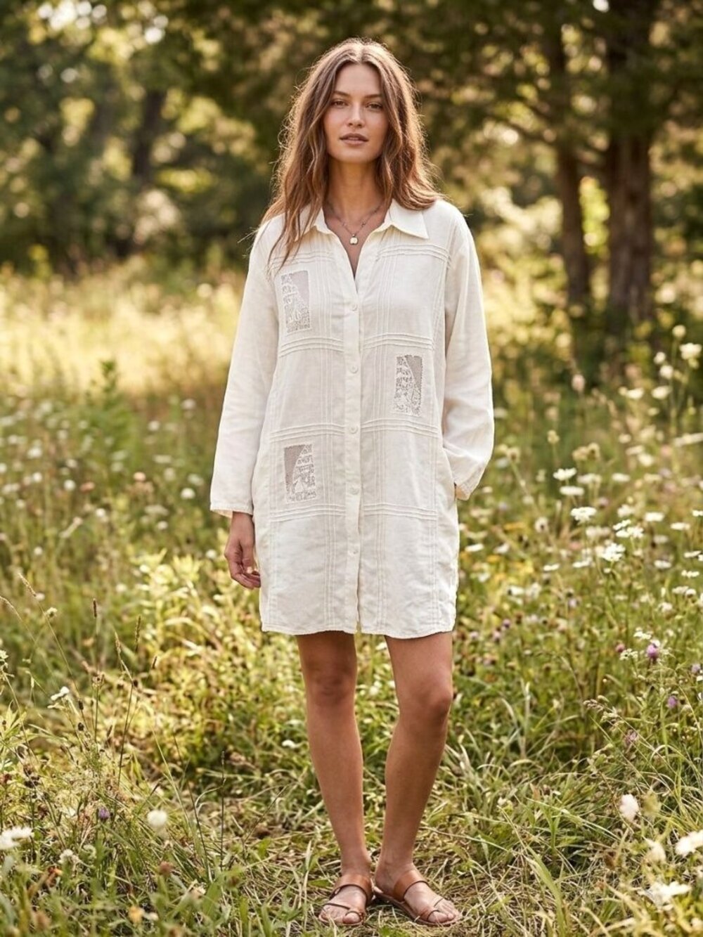 Puro Lino Rare Italian White Linen Button Shirt XXL Lace Panels Lagenlook Resort